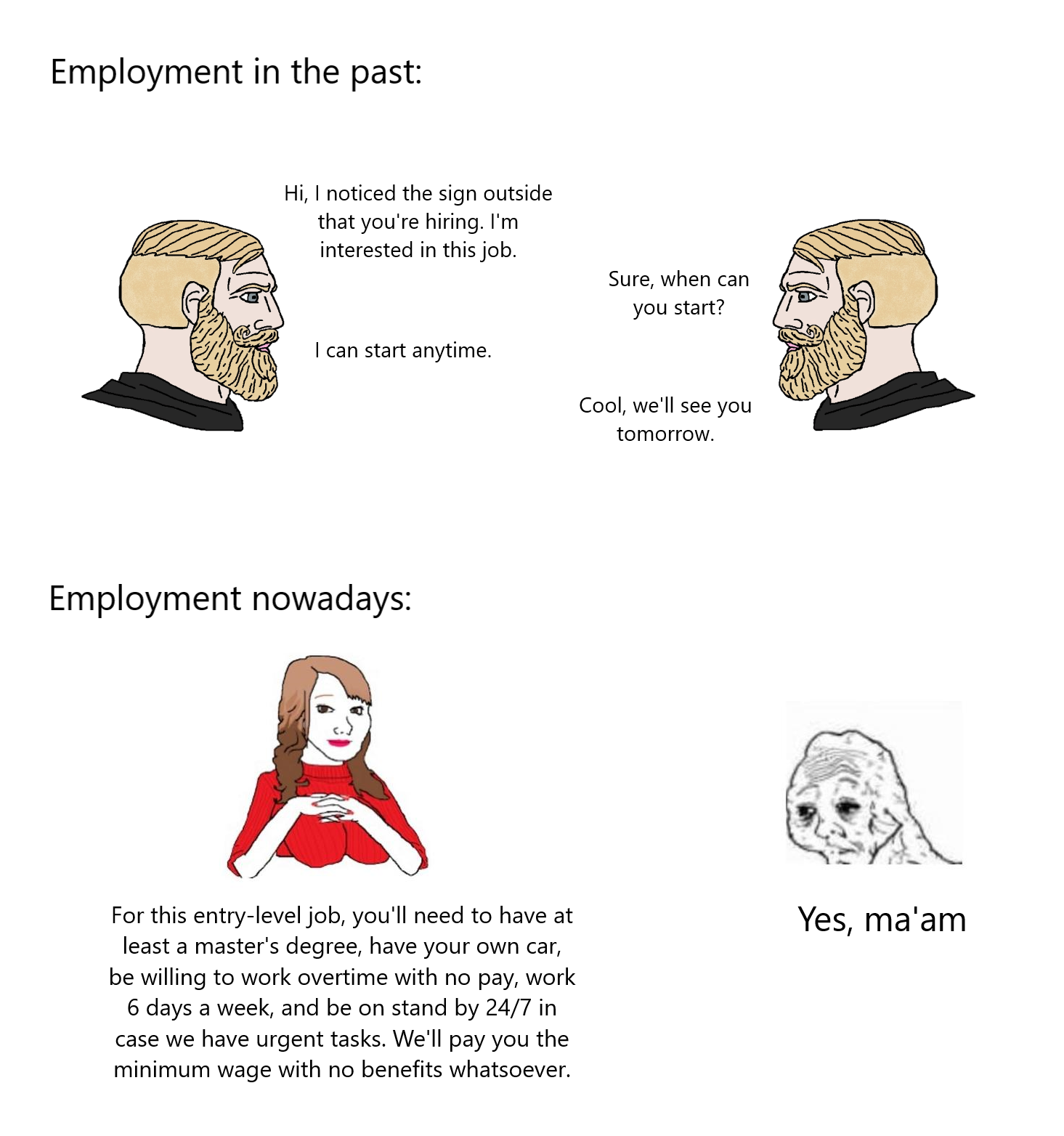 fresh memes - cartoon - Employment in the past Hi, I noticed the sign outside that you're hiring. I'm interested in this job. I can start anytime. Employment nowadays Sure, when can you start? Cool, we'll see you tomorrow. For this entrylevel job, you'll 
