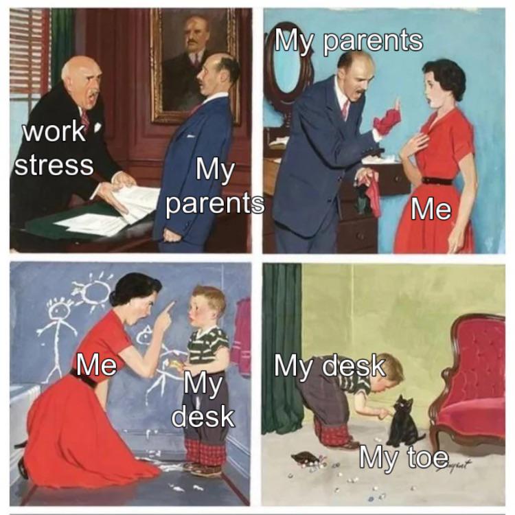 dank memes - shoulder - work stress Me My parents My desk My parents My desk Me My toe