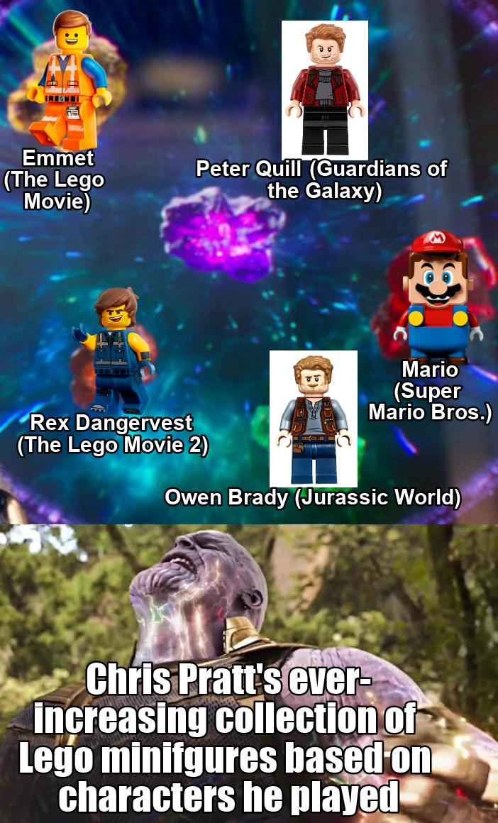 dank memes - pc game - Ling Emmet The Lego Movie Peter Quill Guardians of the Galaxy Rex Dangervest The Lego Movie 2 Mario Super Mario Bros. Owen Brady Jurassic World Chris Pratt's ever increasing collection of Lego minifgures based on characters he playe