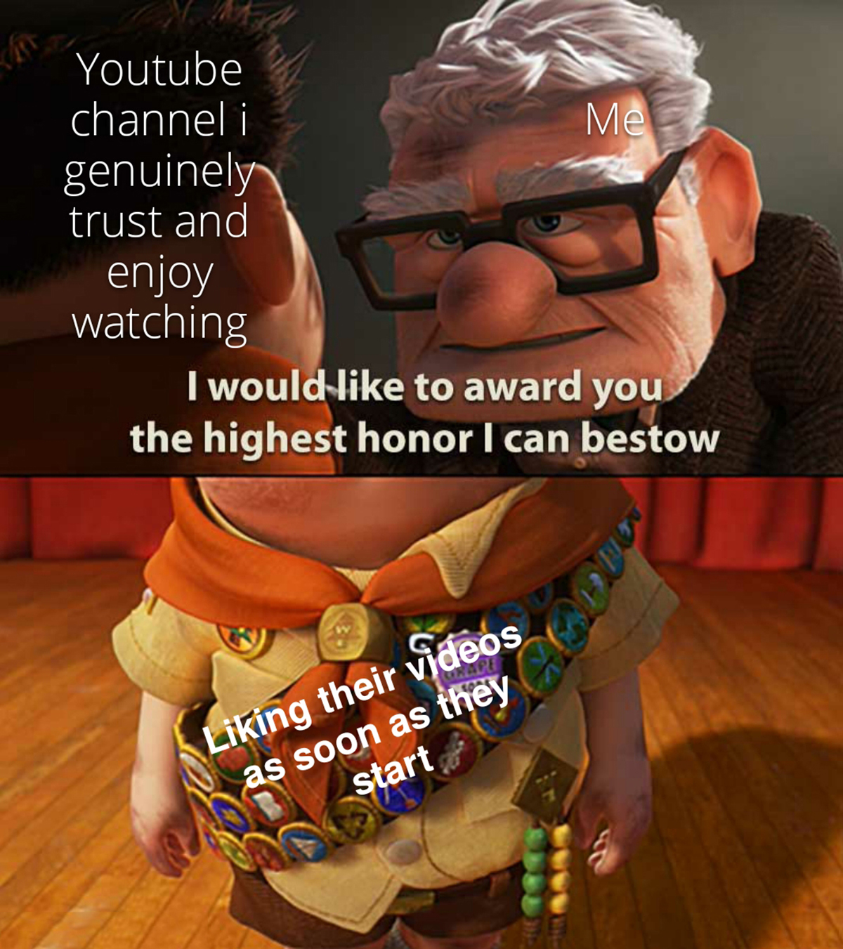 scouts honor meme - Youtube channel i genuinely trust and enjoy watching Me I would to award you the highest honor I can bestow Liking their videos as soon as they start