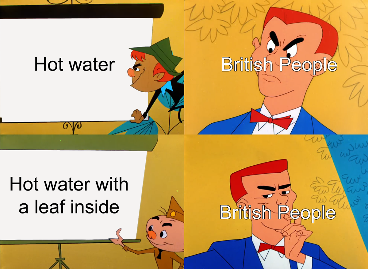 cartoon - Hot water op Hot water with a leaf inside u Twy British People British People Ew