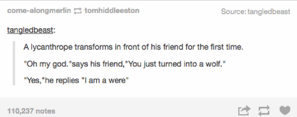 wolf puns - comealongmerlin tomhiddleeston Source tangledbeast tangledbeast A lycanthrope transforms in front of his friend for the first time. "Oh my god."says his friend, "You just turned into a wolf." "Yes, "he replies "I am a were" 110,237 notes