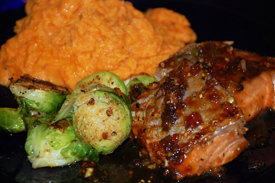 Salmon with Brussels and Mashed Sweet Potato