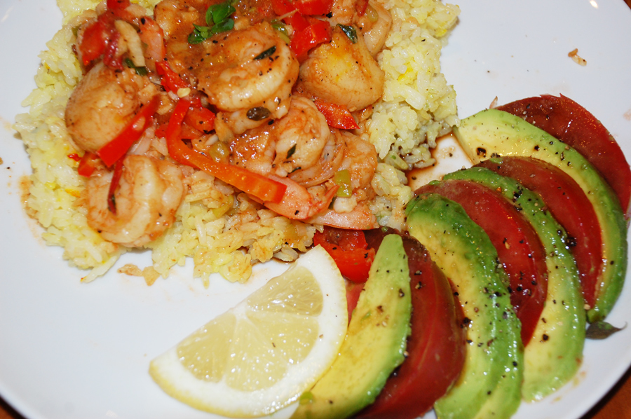 Seafood over Rice with Salad
