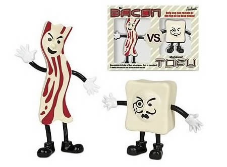 Mr. Bacon and Monsieur Tofu ($11.81) are fired up and ready to rumble, but only one can remain at the top of the food chain! Mr. Bacon stands 5-5/8" (14.3 cm) tall and fights for everything salty, greasy and meaty. Monsieur Tofu is 3-3/8" (8.3 cm) tall and represents all things made of coagulated soy milk. The winner gets eaten for dinner! 