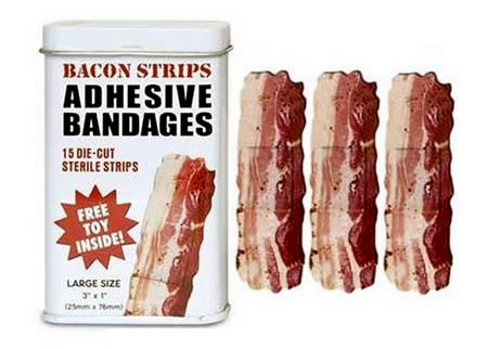 Heal your wounds with bacon! Wait... with bacon? The makers of the Bacon Bandages ($3.50) maybe be weird but, they are onto something. Each tin of Bacon Bandages comes with 15 sterile adhesive strips cut into the bacon shape and a free toy. 