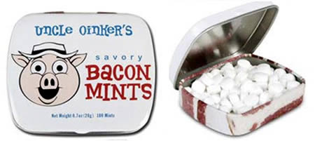 Each one of these Bacon-flavored Mints ($0.95) tastes like a delicious slice of crispy bacon with just a hint of mint flavor to give it that extra punch! It may sound weird but once you taste it, youll see that mint and bacon is a match made in... well, China. 