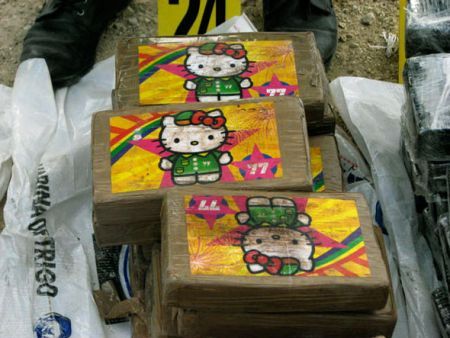 Cocaine seized by Guatemalan narcotics police, stamped with the hello kitty emblem.