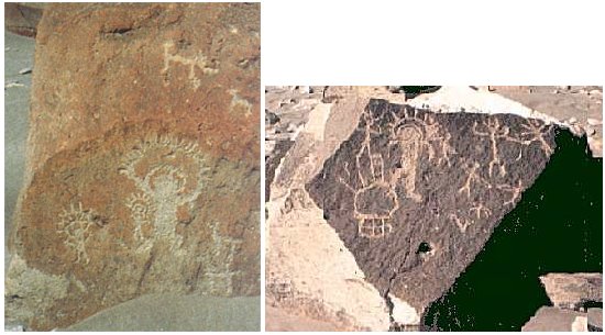 These two examples of rock art are from Toro Muerto, Peru 12-14,000 years old. Notice the beings have some sort of halo or covering over their heads. Also, in the right hand picture there is some sort of object left of the main being. 