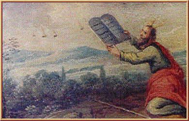 This picture is a painting on wood near the castle Conti Dotremond, Belgium. Moses is receiving the tablets and several objects are descending from the sky near by.