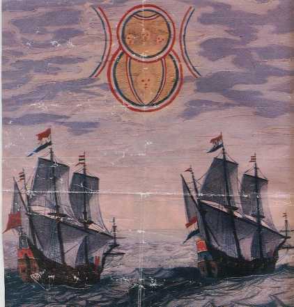In 1660, the illustration depicts a sighting by two Dutch ships in the North Sea of an object moving slowly in the sky. It appeared to be made by two disks of different size. The source for this account is one of the books entitled 'Theatrum Orbis Terrarum' by Admiral Blaeu. These books were compilations of articles by different authors and consisted of detailed accounts of long engagements at sea, cartography information etc.