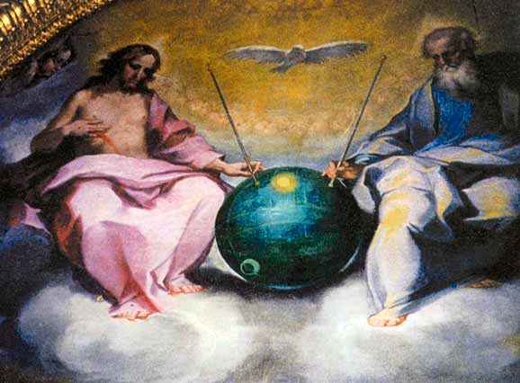 This painting is by Bonaventura Salimbeni entitled 'Glorification of the Eucharist', painted in 1600. It hangs in the church of San Lorenzo in San Pietro. It is considered by some to be a stylised representation of the Earth.