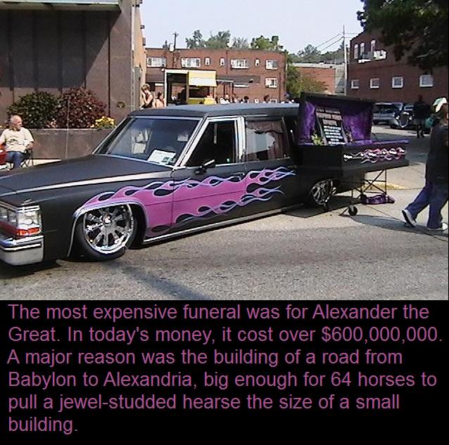 low rider hearse - B Ver Amb El . El De The most expensive funeral was for Alexander the Great. In today's money, it cost over $600,000,000. A major reason was the building of a road from Babylon to Alexandria, big enough for 64 horses to pull a jewelstud
