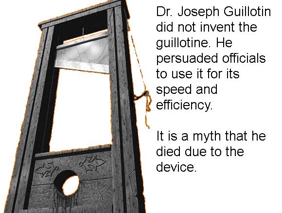 man in guillotine - Dr. Joseph Guillotin did not invent the guillotine. He persuaded officials to use it for its speed and efficiency. It is a myth that he died due to the device.