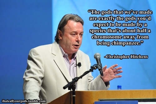 christopher hitchens challenge - The gods that we've made are exactly the gods you'd expect to be made by a species that's about half a chromosome away from being chimpanzee. Christopher Hitchens ihateallyourgods.tumblr.com