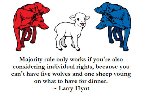 democracy two wolves - Majority rule only works if you're also considering individual rights, because you can't have five wolves and one sheep voting on what to have for dinner. ~ Larry Flynt