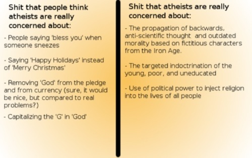 document - Shit that people think atheists are really concerned about People saying 'bless you' when someone sneezes Shit that atheists are really concerned about The propagation of backwards. antiscientific thought and outdated morality based on fictitio