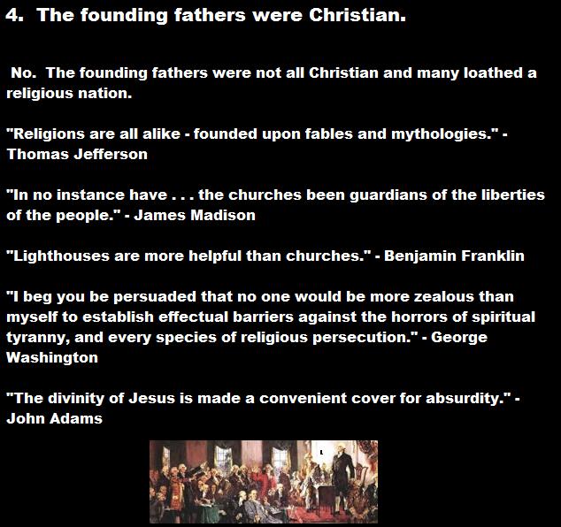 signing of the constitution - 4. The founding fathers were Christian. No. The founding fathers were not all Christian and many loathed a religious nation. "Religions are all a founded upon fables and mythologies." Thomas Jefferson "In no instance have ...