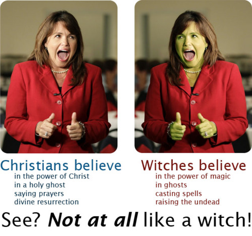 christine o donnell - Christians believe Witches believe in the power of Christ in a holy ghost saying prayers divine resurrection in the power of magic in ghosts casting spells raising the undead See? Not at all a witch!