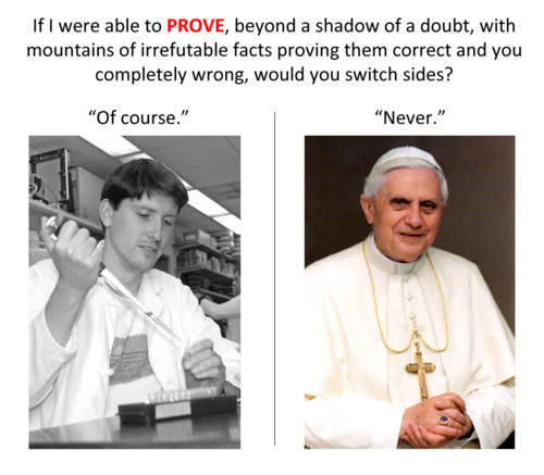 pope - If I were able to Prove, beyond a shadow of a doubt, with mountains of irrefutable facts proving them correct and you completely wrong, would you switch sides? "Of course." "Never."