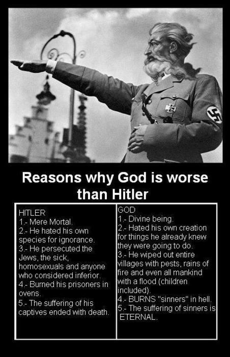 god vs atheist - Reasons why God is worse than Hitler Hitler God 1. Mere Mortal 1. Divine being 2. He hated his own 12. Hated his own creation species for ignorance. for things he already knew 3. He persecuted the they were going to do. 3. He wiped out en