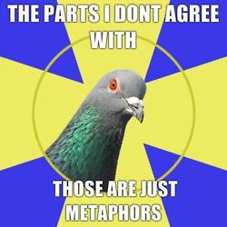 religion pigeon meme - The Parts I Dont Agree With Those Are Just Metaphors