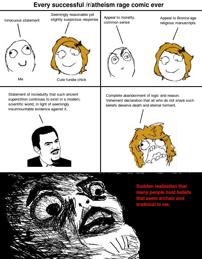 atheist rage comic - Every successful ratheism rage comic ever Seemingly reasonable yet slightly suspicious response Innocuous statement Appeal to morality, common sense Appeal to Bronzeage religious manuscripts Me Cute fundie chick Statement of increduli