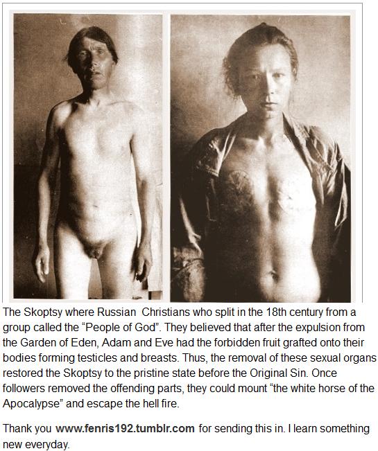 skoptsy - The Skoptsy where Russian Christians who split in the 18th century from a group called the "People of God". They believed that after the expulsion from the Garden of Eden, Adam and Eve had the forbidden fruit grafted onto their bodies forming te