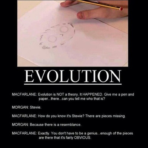 design - Evolution Macfarlane Evolution is Not a theory. It Happened. Give me a pen and paper... there...can you tell me who that is? Morgan Stewie. Macfarlane How do you know it's Stewie? There are pieces missing Morgan Because there is a resemblance. Ma