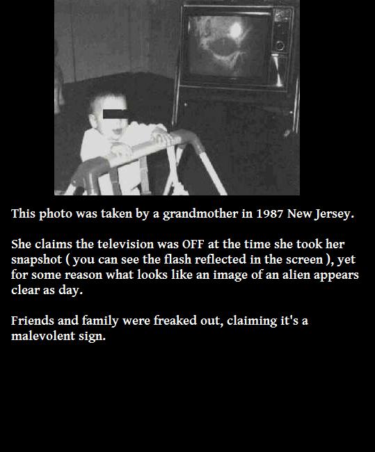 monochrome - This photo was taken by a grandmother in 1987 New Jersey. She claims the television was Off at the time she took her snapshot you can see the flash reflected in the screen, yet for some reason what looks an image of an alien appears clear as 