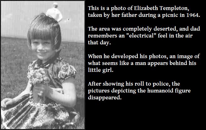 human behavior - This is a photo of Elizabeth Templeton, taken by her father during a picnic in 1964. The area was completely deserted, and dad remembers an "electrical" feel in the air that day. When he developed his photos, an image of what seems a man 