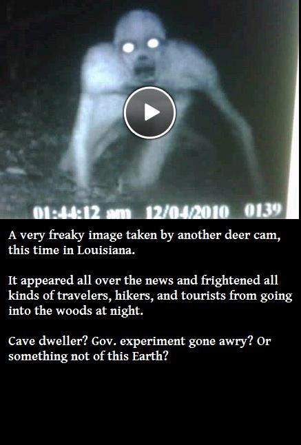 photo caption - 12 am 12042010 0139 A very freaky image taken by another deer cam, this time in Louisiana. It appeared all over the news and frightened all kinds of travelers, hikers, and tourists from going into the woods at night. Cave dweller? Gov. exp