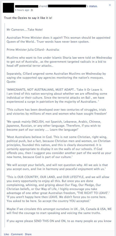 Warped and xenophobic address falsely attributed to the Australian Prime Minister. I think that's very illegal.