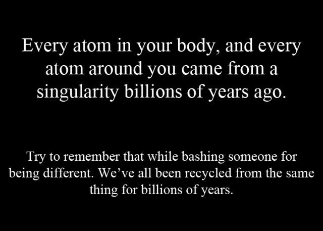 monochrome - Every atom in your body, and every atom around you came from a singularity billions of years ago. Try to remember that while bashing someone for being different. We've all been recycled from the same thing for billions of years.