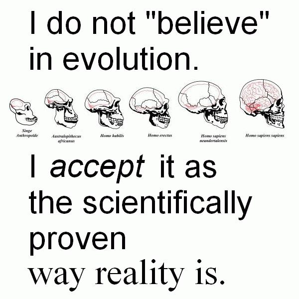atheist science - I do not "believe" in evolution. Singe Anthropoide Hauro babilis Homo sapiens sapiens Australopithecus africw.my Homo sapiens neandertalensis I accept it as the scientifically proven way reality is.