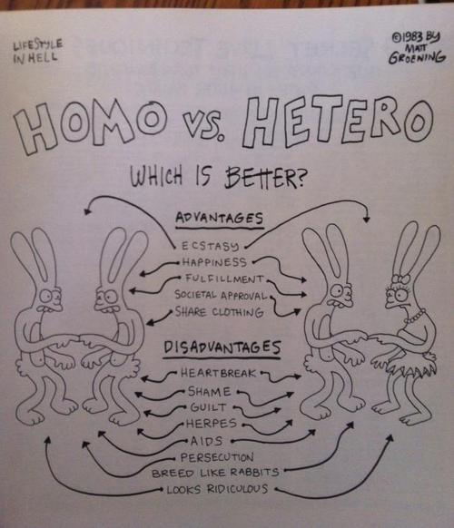 matt groening frank ocean - Lifestyle In Hell 1983 By Groening Homo vs. Hetero Which Is Better? Advantages Ecstasy Happiness Fulfillment Societal Approval Clothing la Disadvantages Heartbreak te Shame Guilt Herpes Aids Persecution Breed Rabbits Looks Ridi