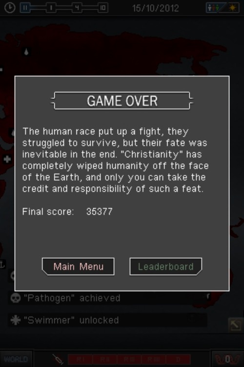 screenshot - o o o 15102012 Game Over The human race put up a fight, they struggled to survive, but their fate was inevitable in the end. "Christianity" has completely wiped humanity off the face of the Earth, and only you can take the credit and responsi
