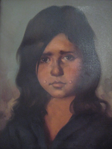 This portrait is from Casa de Greene, and was purchased on a whim by a guy's father who saw it "somewhere in Spain" and couldn't resist buying it. The image has a way of putting a mysterious hold on who gazes upon it, and the father believes the girl in the painting is a witch, since her tears are falling at the same rate.