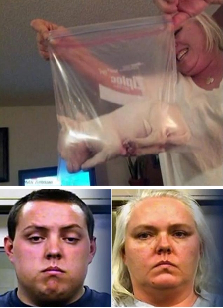 Mary Snell and Britton James Engel, mother and son, ended up charged with animal cruelty after becoming that notorious couple who "stuffed a puppy in a plastic bag for Facebook". They later tried to claim the poor pup was too rowdy and they wanted to illustrate how tiny he was...