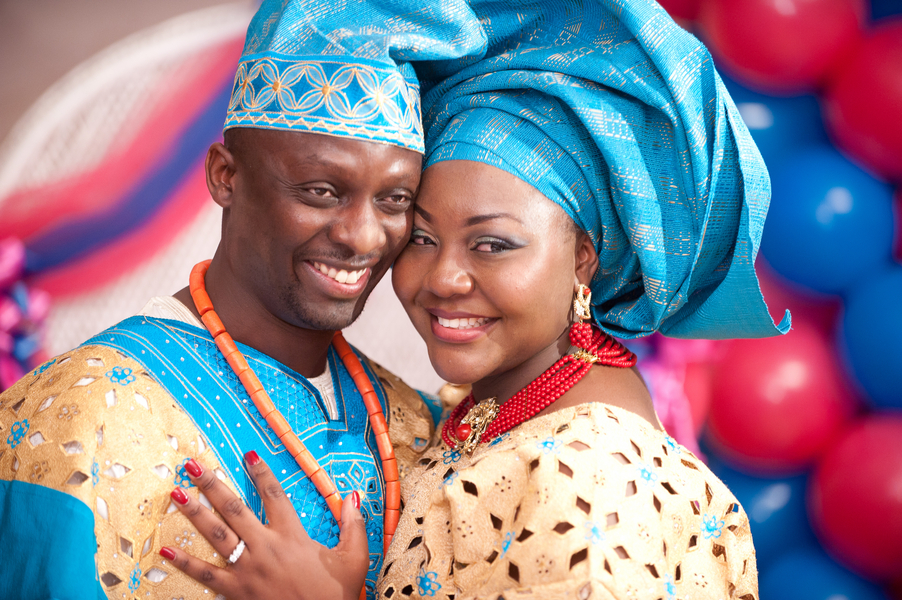The Nigerian bride will never wear just one ensemble. Almost always the gele, or bubbly head wrap, is also donned.