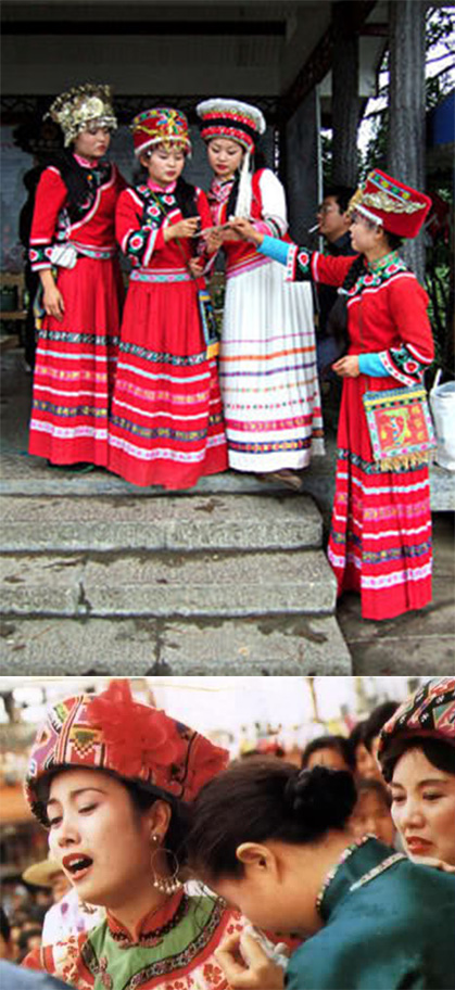 Tujia, also of China, have a tradition where brides cry for up to a month before their wedding. Then they don brightly-patterned brocade dresses they have made themselves. For the rest of their lives, a Tujia woman's wedding dress is her most prized possession.