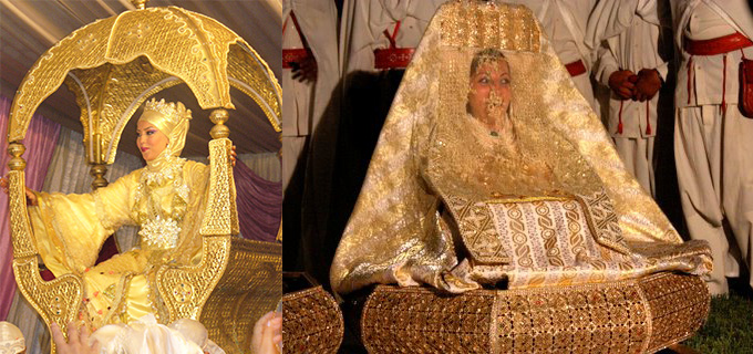 Like in Egypt, Moroccan brides usually have Islamic ceremonies. Yet style is far different. Bright yellow and gold is chosen as a ward for the "evil eye". Jewels are beautiful, and up to four outfit changes can occur during a ceremony. Brides are also carried in on amarias supported by four men.