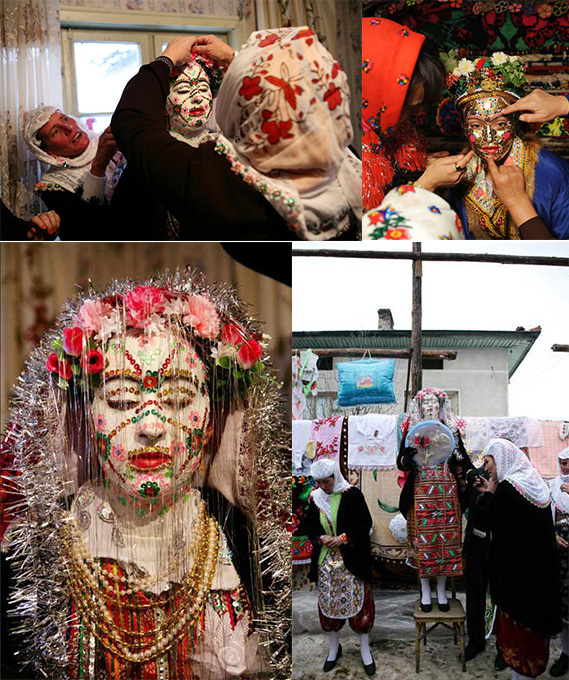 The Pomak are Slavic Muslims within Eastern Europe. Although they number less than half a million, their wedding looks may never be forgotten. Baggy pants with a fitted bodice, elaborate face paint, and tinsel is the look. A bride also must not open her eyes until the couple is blessed by a priest.