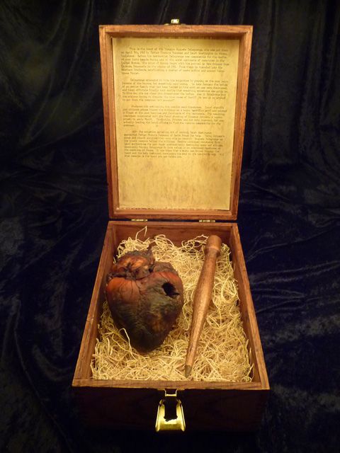 The mummified heart of Auguste Delagrange, a purported vampire. After being accused of killing over 40 people at the turn of the last century, he was finally killed in 1912. They even pierced his heart with a stake, seen here.