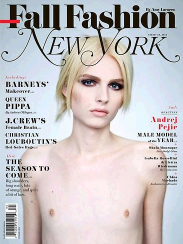 Andrej Pejic is one male model the likes of which we need A LOT more of on magazine covers. Thanks to his beautifully androgynous looks, he struts the catwalk in male and female fashions. Yet after posing shirtless on a mag cover, Barnes and Noble sparked a controversy by deeming the image too "risky". Who cares that men show nips and abs in magazines constantly? Pejic, who is male, somehow is expected to go by more modest standards, since he deems himself "between genders" and reminds too many guys of chicks, which... let's be honest... makes them uncomfortable in ways their carefully conditioned egos don't wish to admit. And of course, that's his fault.