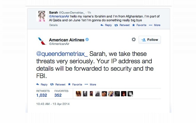 Despite the fact this girl was 14 years old and pleaded with AmericanAir to disregard her joke tweet due to the fact she was definitely not a terrorist, she was still arrested. 
Yet so many followers jumped on her QueenDemetriax_ feed she considered selling the account, with bids beginning at $500. Ultimately the account was deleted, but tons of threats similar to hers were likewise sent right to AmericanAir.