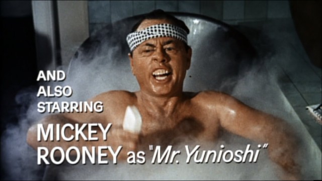 Mickey Rooney again shows up in "Breakfast at Tiffany's." Because of him alone, this movie is considered one of the most politically incorrect films ever. Rooney plays Mr. Yunioshi, the annoying neighbor of the main character. And he pops in periodically only to add to comic relief, flailing his arms around and shouting racist lines. On top of this, he's always curling his lip to reveal gums, and wears a white hachimaki headband, the purpose of which is to further the stereotype that all Japanese are annoying, wear hairpieces to symbolize determination, and have bad teeth.