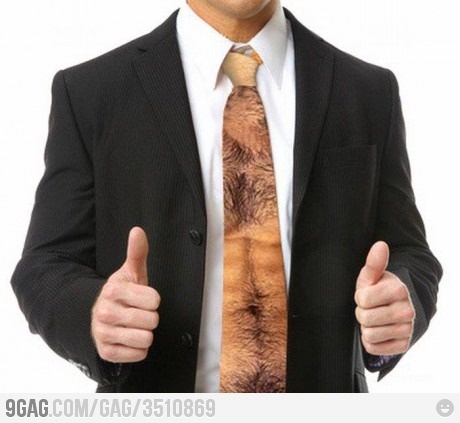 A hairy chest tie will ensure you get that new job, alrighty.