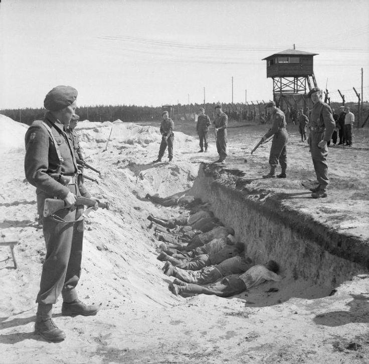 British soldiers after liberation of the Bergen-Belsen concentration camp forced German SS guards to clear all bodies of the dead. If and when they were given brief rest, it was to take place lying face-down within oneof the many mass graves.
