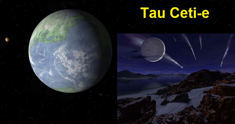 Tau Ceti-e (Cetus, 11.9 ly). On the hot inner edge of the habitable zone, Tau Ceti-e possesses a similar atmosphere to that of Earth. It measures 5 Earth Masses, a year of 168 days and mean temperature of around 150 degrees F.